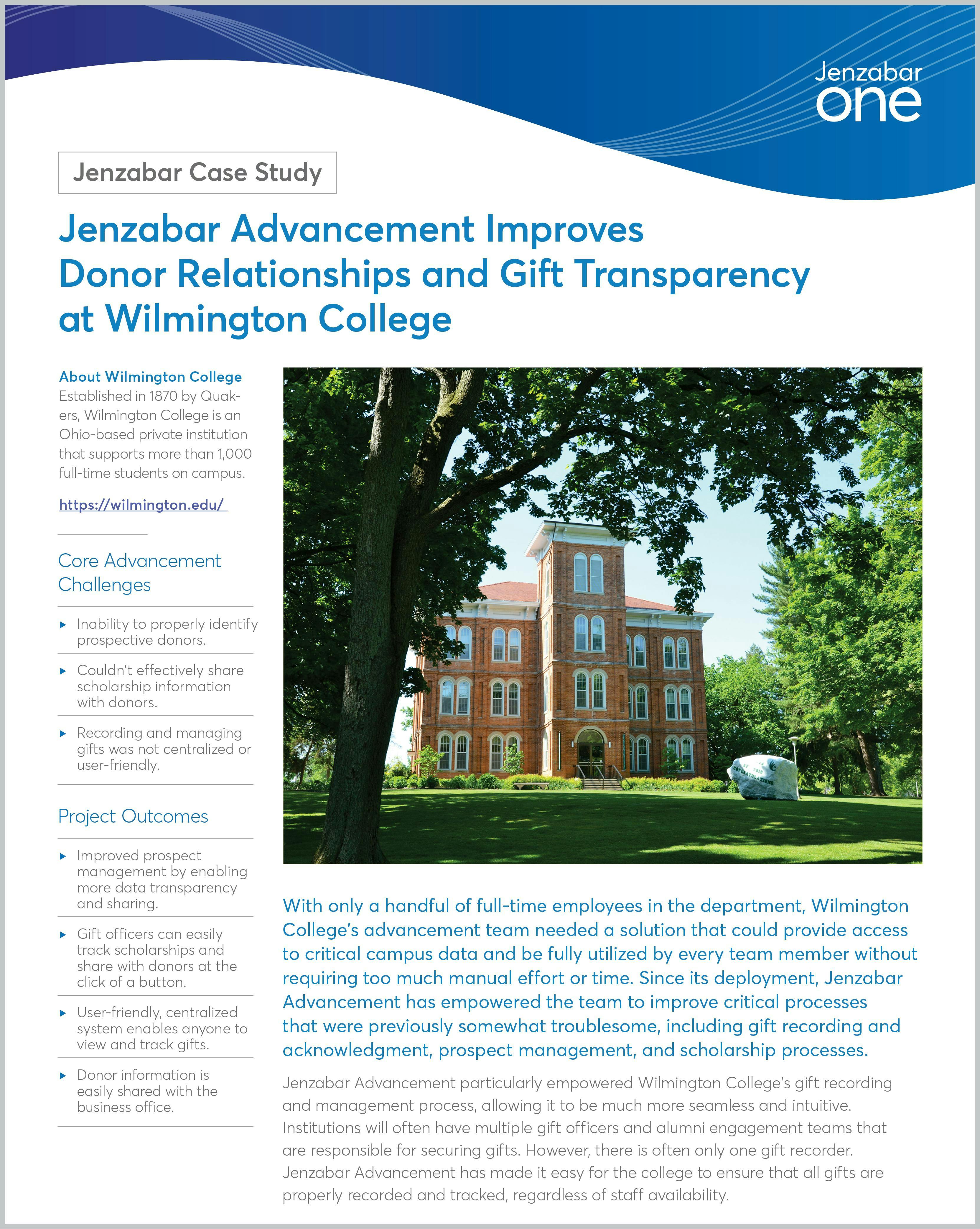 Jenzabar Advancement Improves Donor Relationships and Gift Transparency at Wilmington College