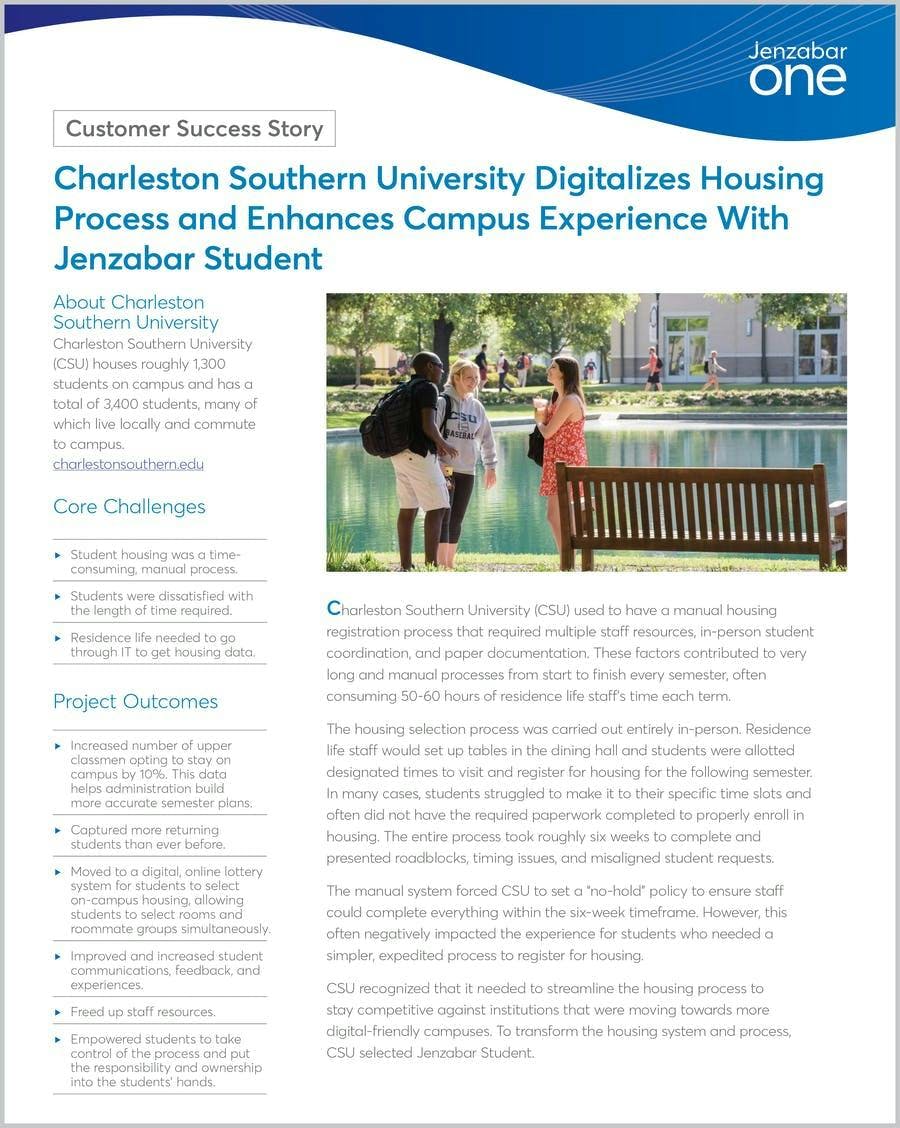 Case Study: Charleston Southern University Digitalizes Housing Process and Enhances Campus Experience With Jenzabar Student