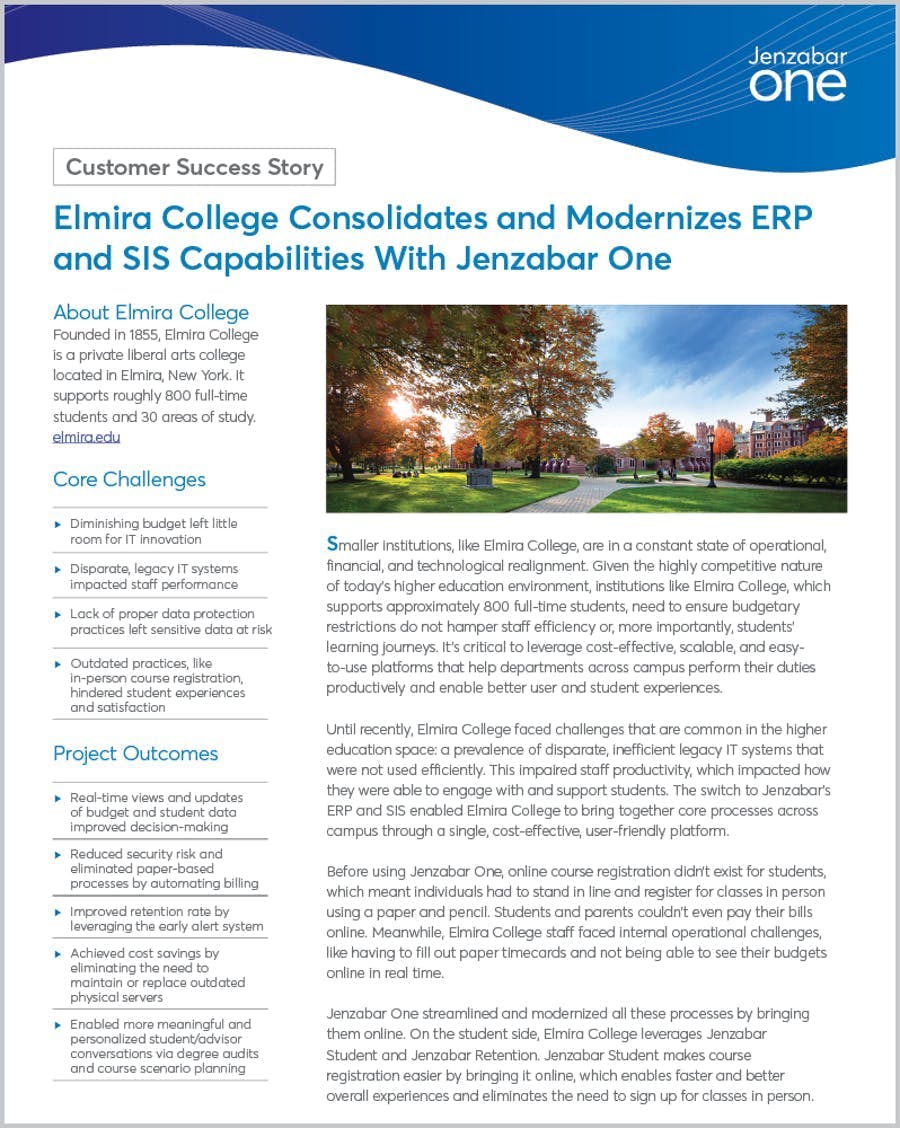 Success Story: Elmira College Consolidates and Modernizes ERP and SIS Capabilities With Jenzabar One