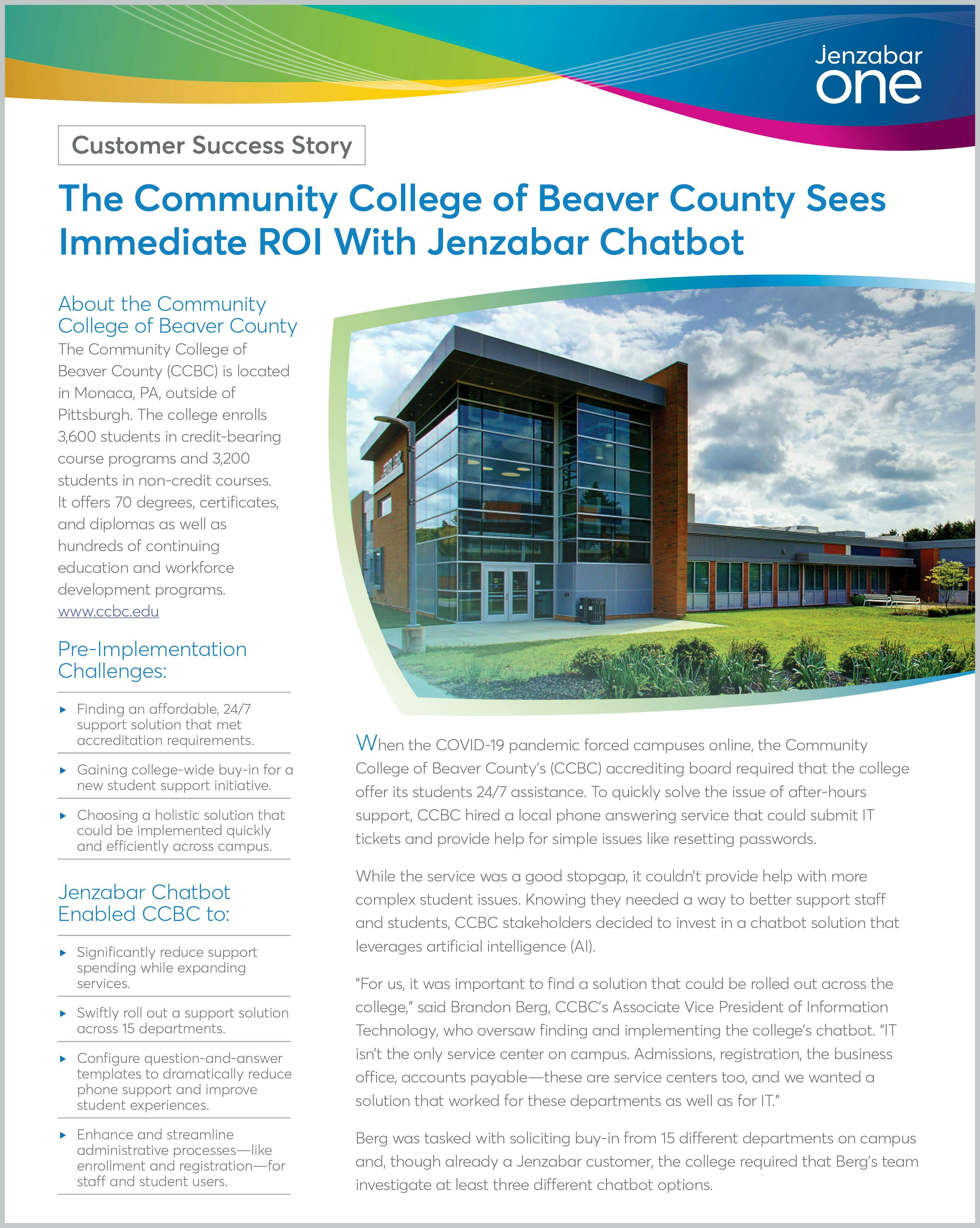Case Study: The Community College of Beaver County Sees Immediate ROI With Jenzabar Chatbot