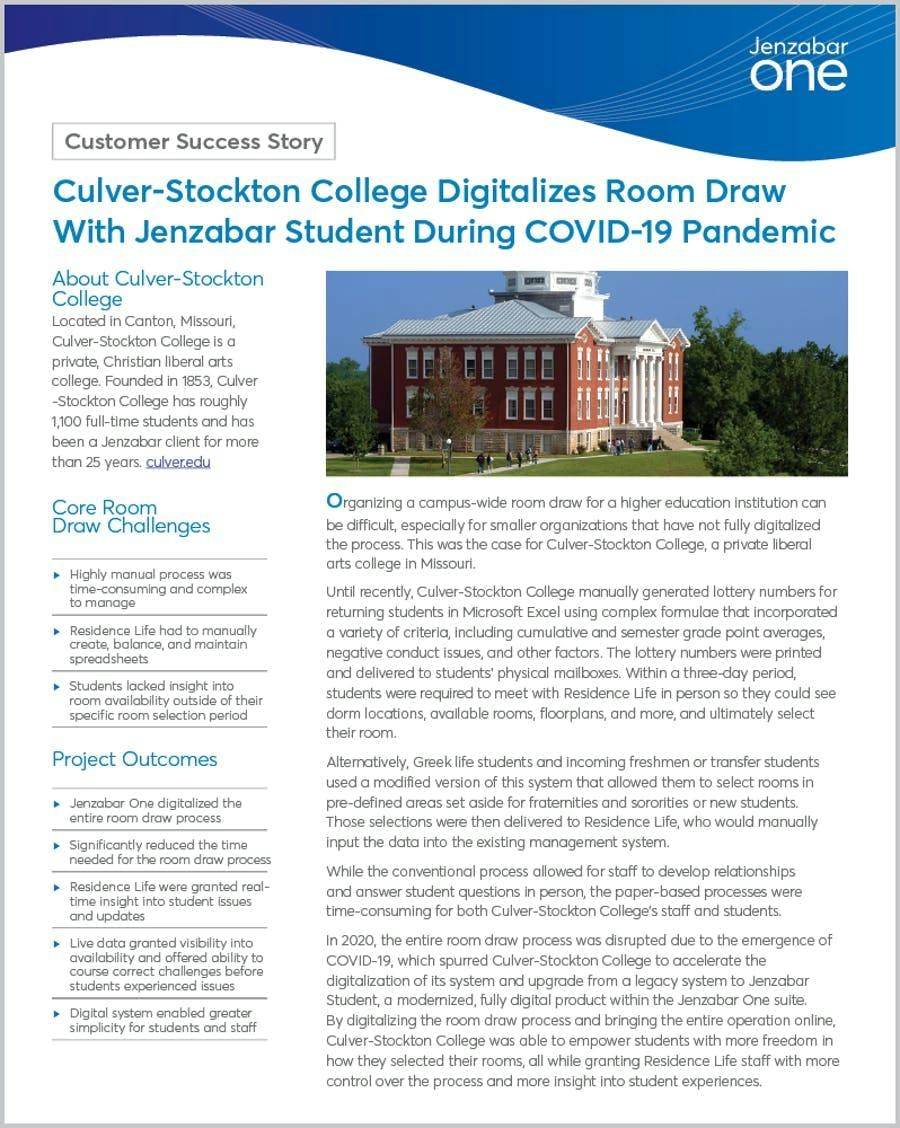 Case Study: Culver-Stockton College Digitalizes Room Draw With Jenzabar Student During COVID-19 Pandemic