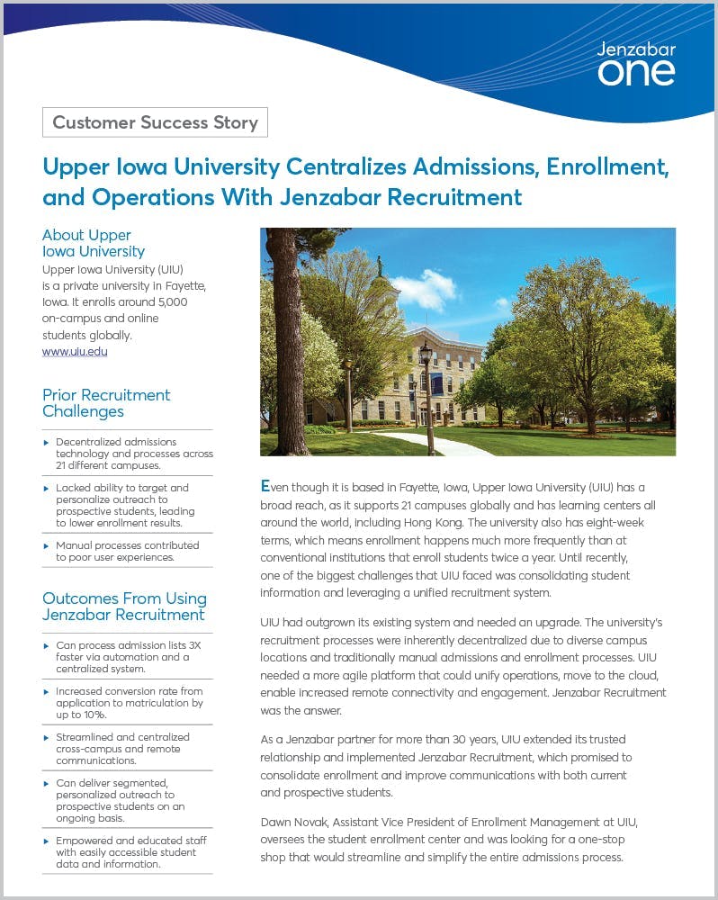 Upper Iowa University Centralizes Admissions, Enrollment, and Operations With Jenzabar Recruitment - Jenzabar